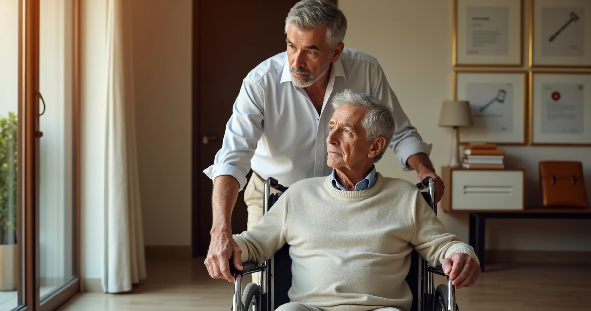 Filho adulto empurrando cadeira de rodas com pai idoso em corredor claro